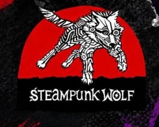 Steampunk Wolf logo with ornate mechanical wolf illustration in white on red semicircle against black background
