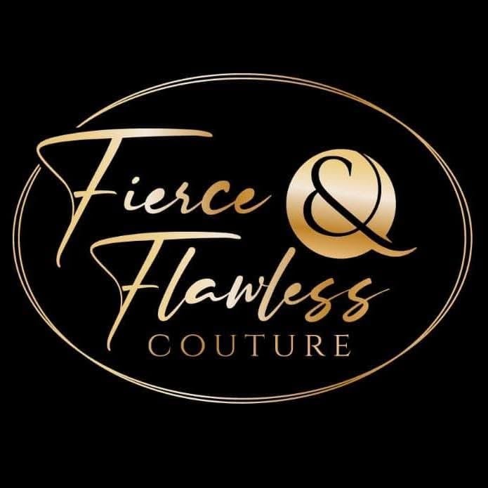 Fierce and Flawless Couture logo with gold text and ampersand symbol in oval frame on black background