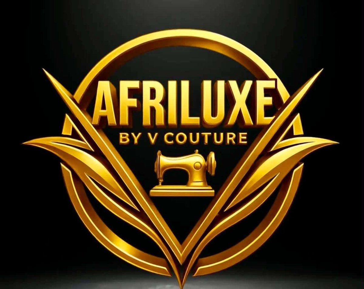 Afriluxe by V Couture logo featuring gold text and sewing machine icon with decorative leaf design on black background